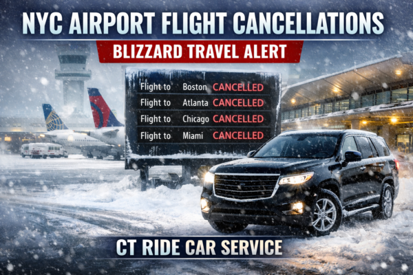 NYC airport flight cancellations at LaGuardia and JFK during blizzard with CT Ride Car Service SUV providing winter airport transportation.